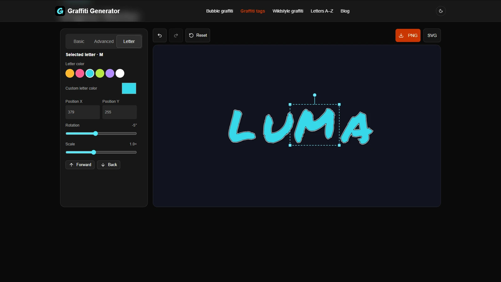 Actual LUMA artwork and the selected M controls in the graffiti tag editor