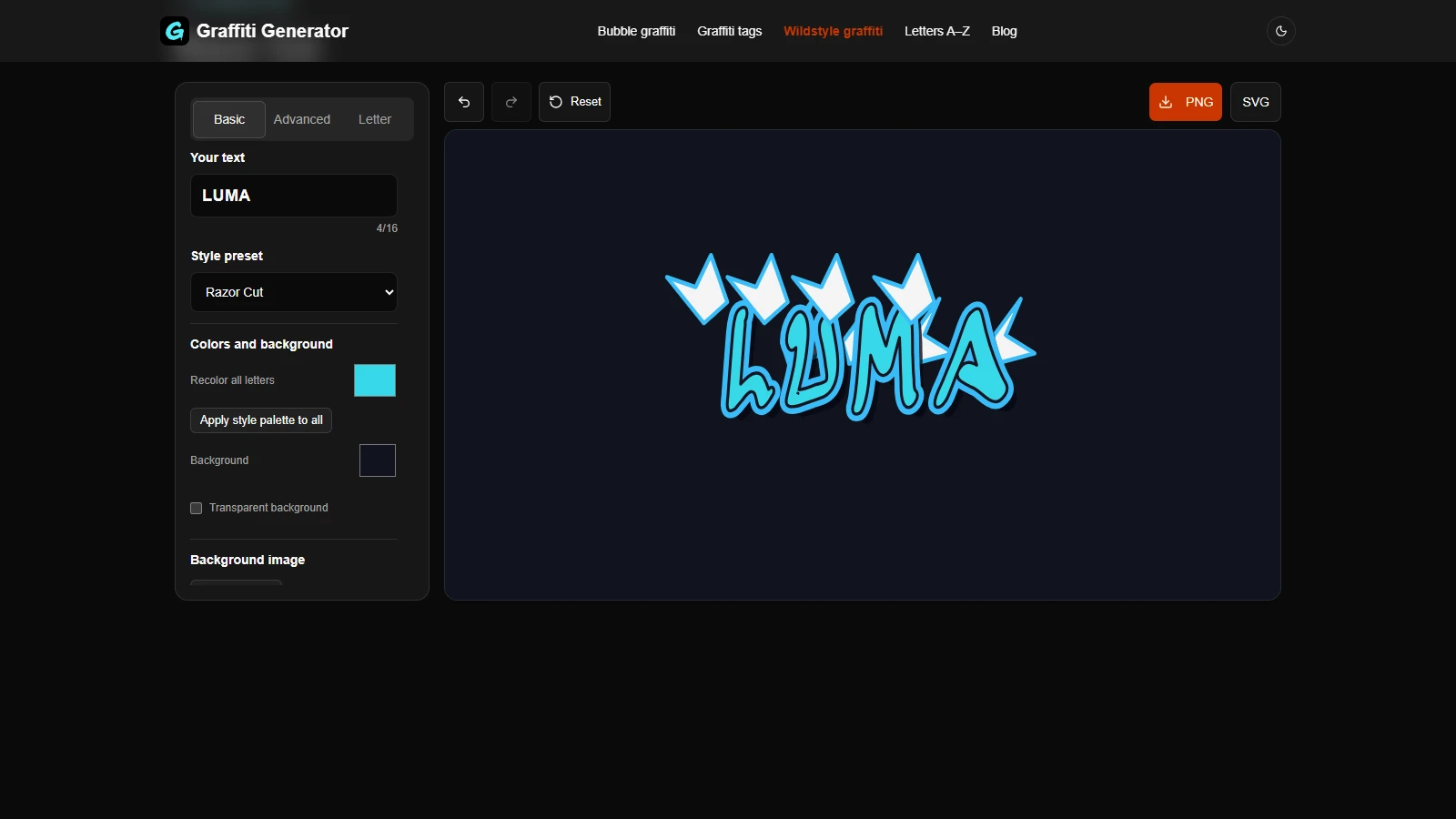 The actual Razor Cut editor showing LUMA with fill and background color controls