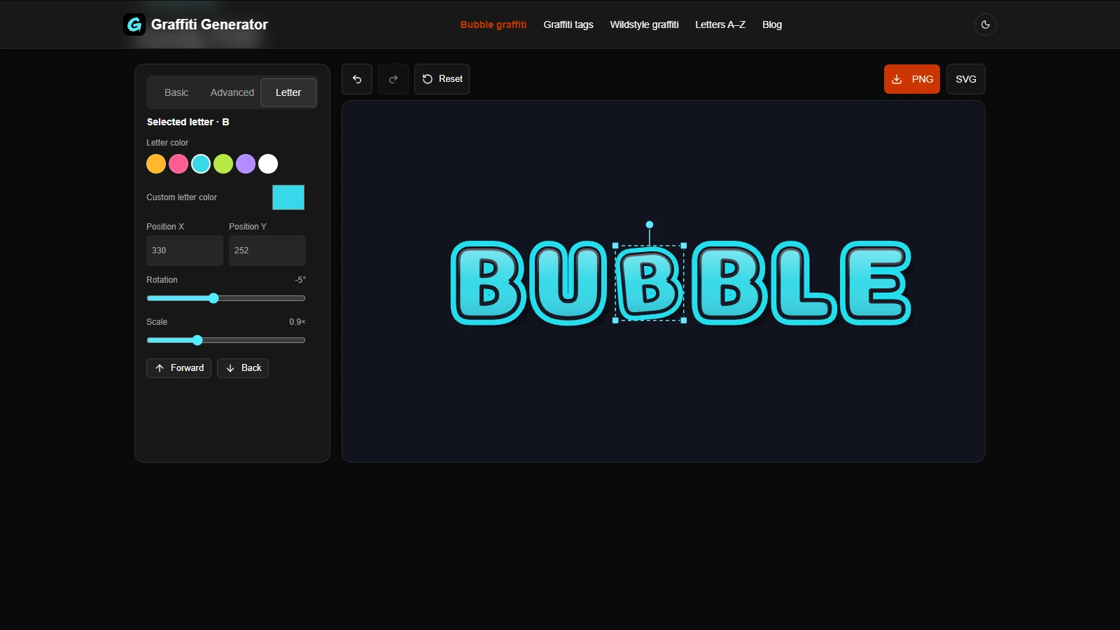 The real Candy Puff editor with the second B in BUBBLE selected at minus five degrees and scale 0.9
