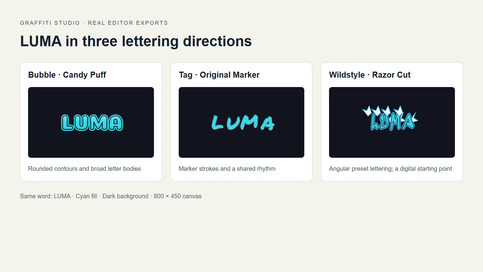LUMA exported from the editor in Bubble, Tag, and Wildstyle preset lettering with matching colors and canvas sizes