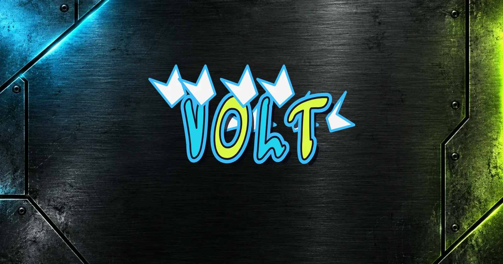 VOLT angular lettering with cyan and lime outlines on dark metal