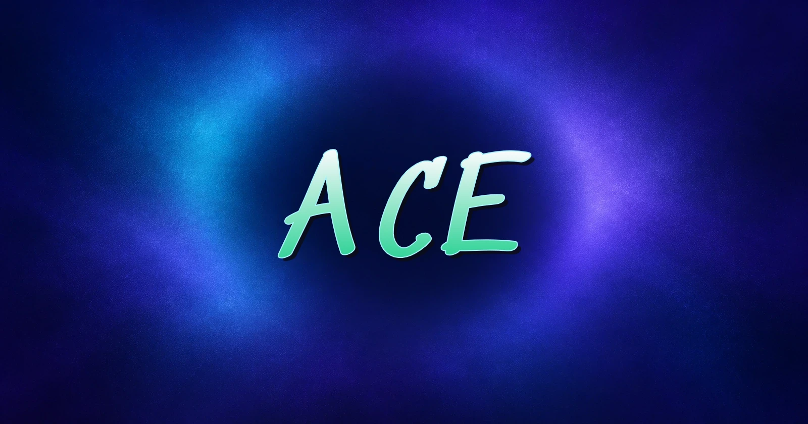 ACE in centered slanted marker lettering against a deep navy and violet glow