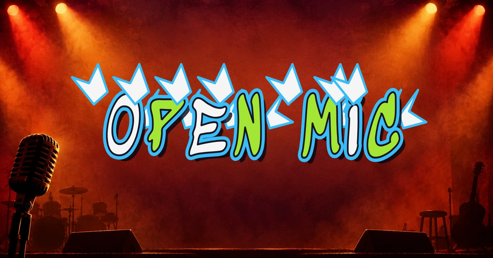 OPEN MIC in cyan outlined wildstyle lettering over warm stage lights and a microphone silhouette