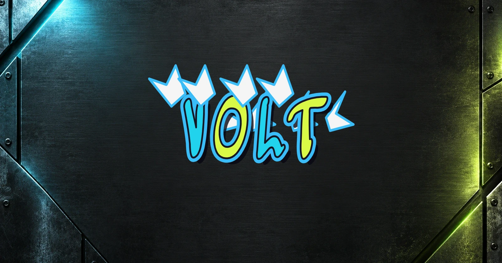 VOLT in layered cyan and lime wildstyle lettering on dark metal